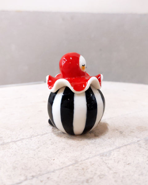 goatPIERROT Ceramic Art Toy [Birbauble BB23.083: Circus Stripe Ruffle Pierrot, Eyes Closed, 1.5" tall]