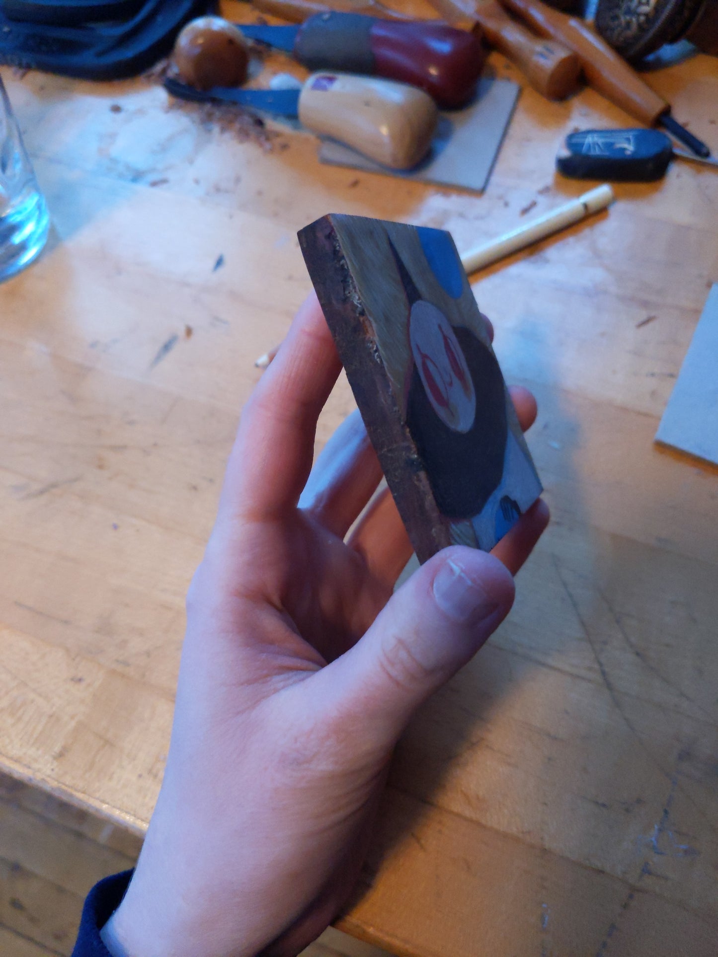 Drawing #24: "Holsomclown and the Blue Sun" on 1870s walnut wood