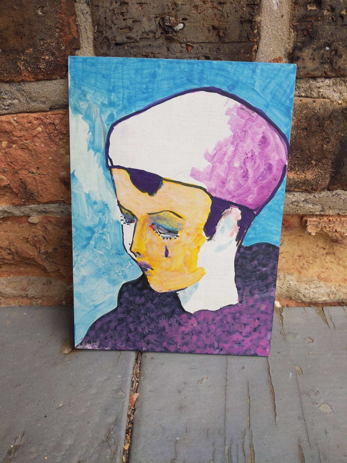 Painting #1: "Purple Tear on a Teal Day" 5"x7" Milk Paint on Museum Board