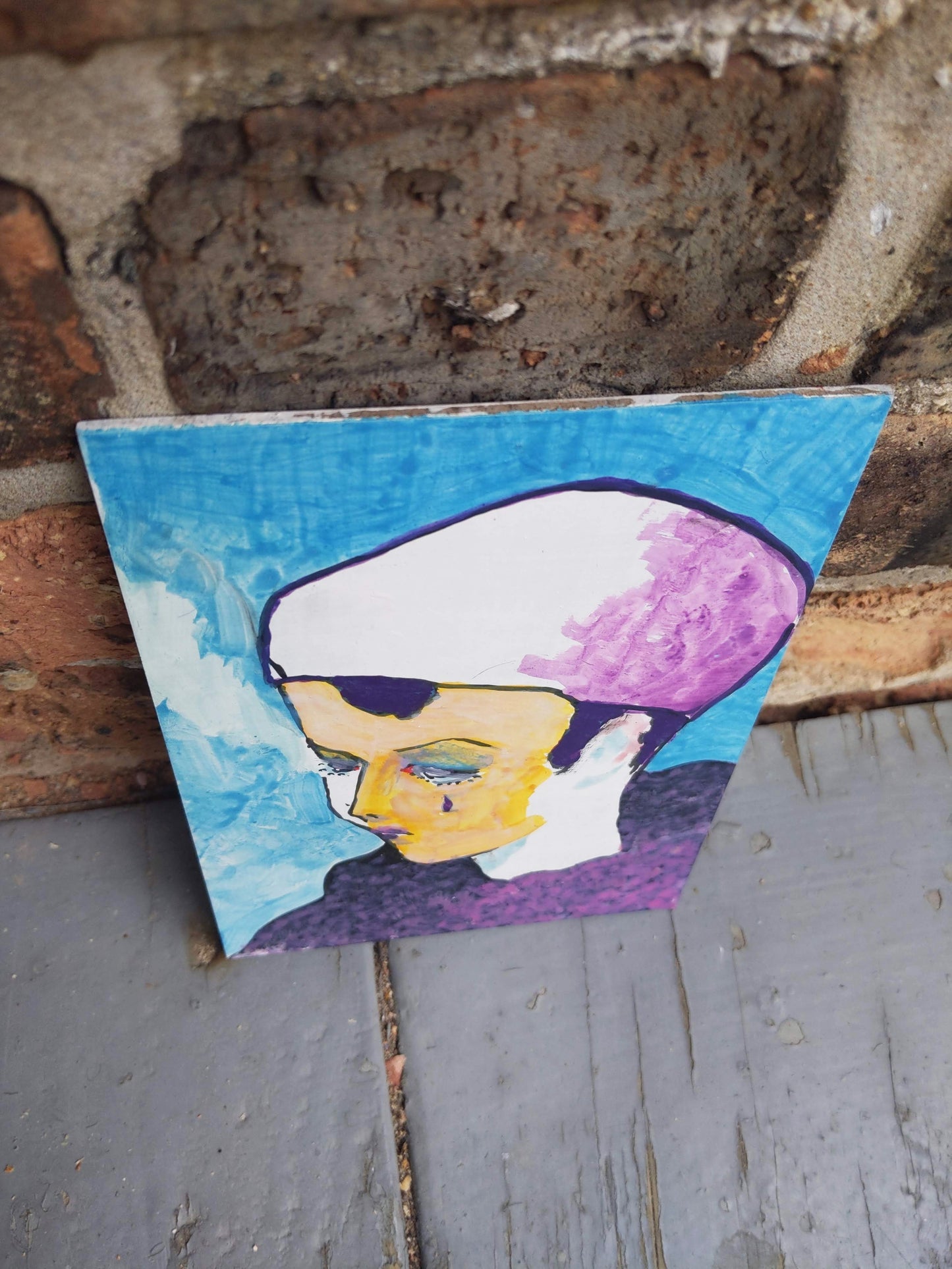 Painting #1: "Purple Tear on a Teal Day" 5"x7" Milk Paint on Museum Board