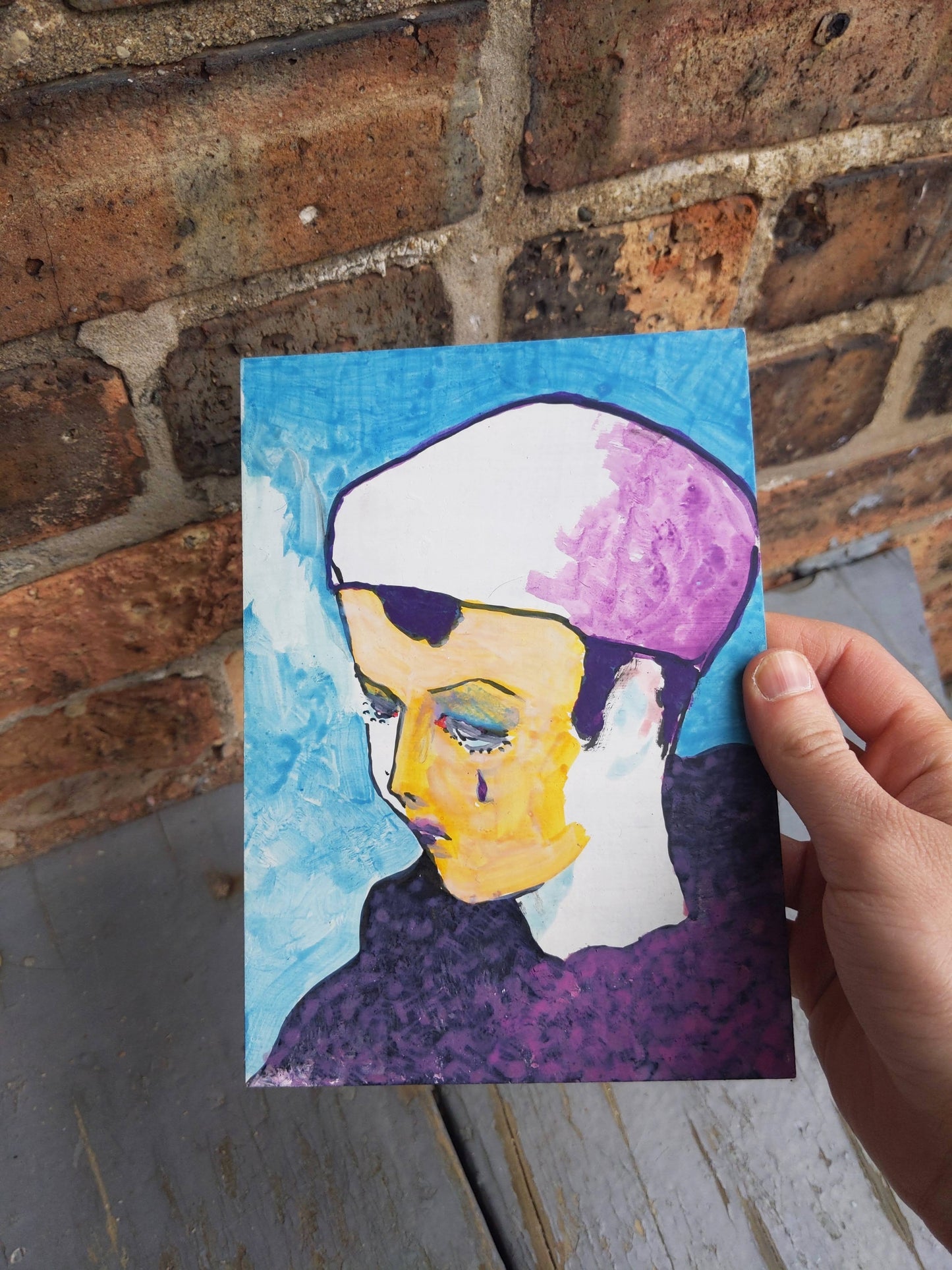 Painting #1: "Purple Tear on a Teal Day" 5"x7" Milk Paint on Museum Board