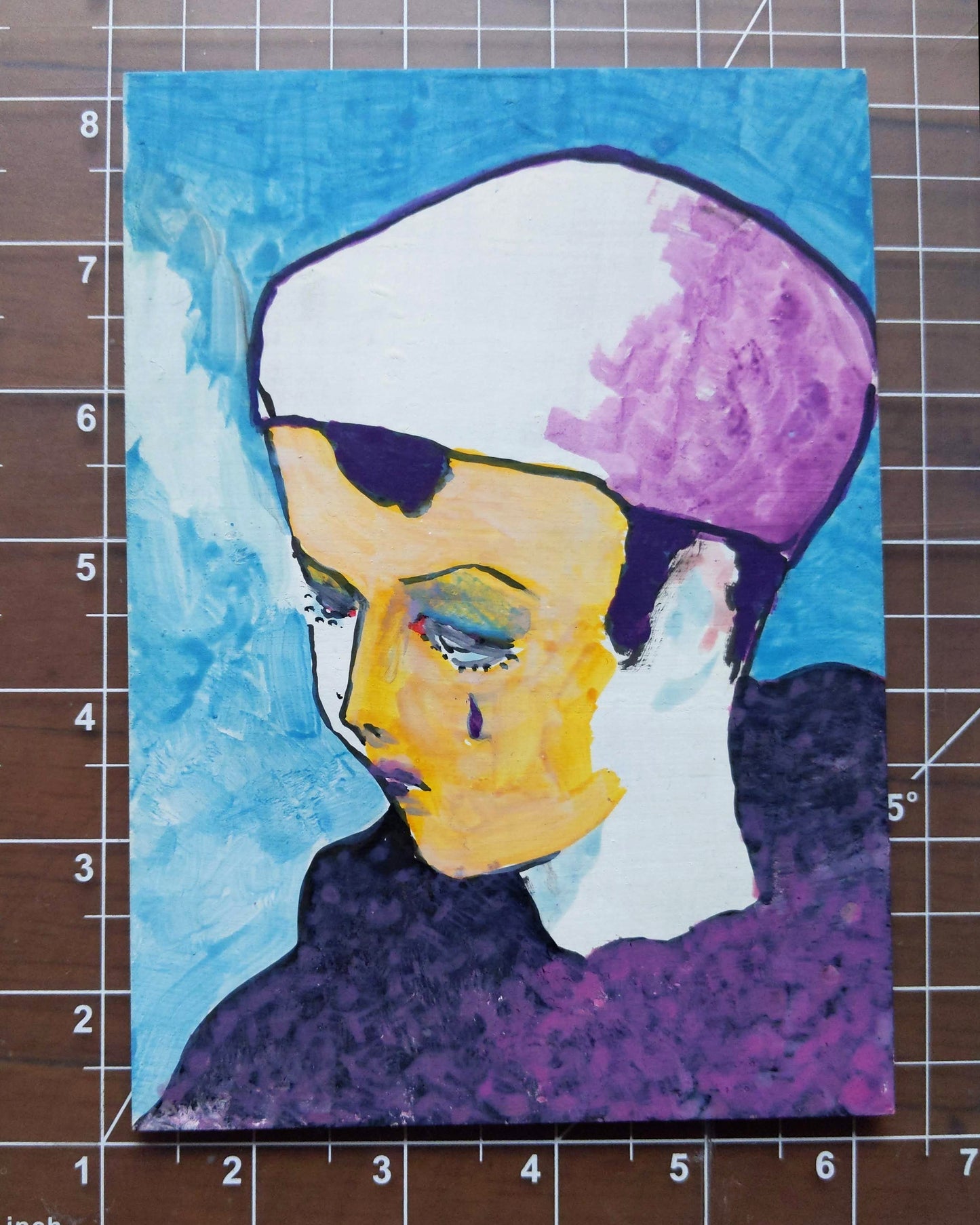 Painting #1: "Purple Tear on a Teal Day" 5"x7" Milk Paint on Museum Board