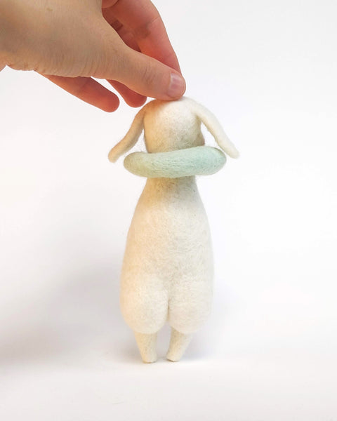Needle Felted Art Doll: Bunny Pierrot #8 - Pink-eyed Stoplight Lop [6 inches tall, 100%  Wool]