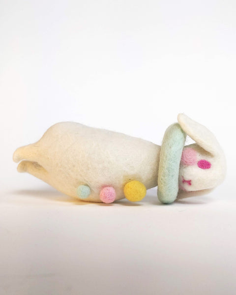 Needle Felted Art Doll: Bunny Pierrot #8 - Pink-eyed Stoplight Lop [6 inches tall, 100%  Wool]