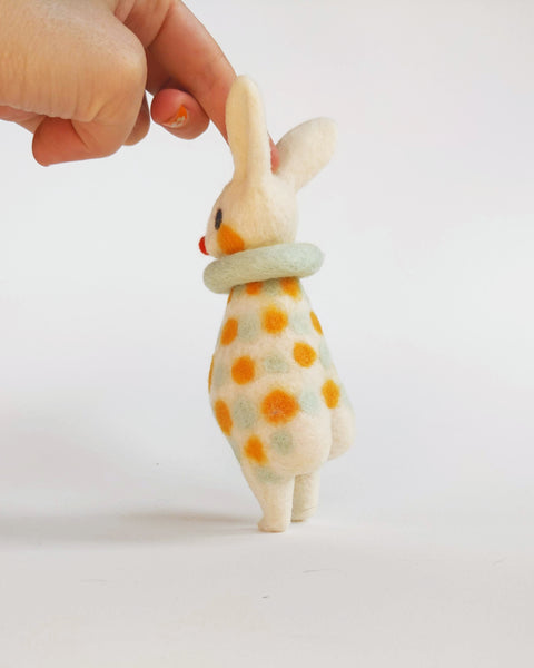 Needle Felted Art Doll: Polka Dot Clown Rabbit [6 inches tall, 100%  Wool]