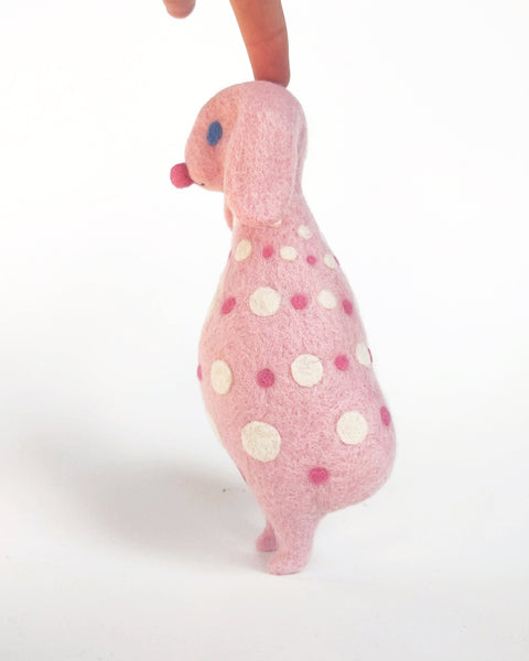 Needle Felted Art Doll: Pink Polka Bunny [6.75 inches tall, 100%  Wool]