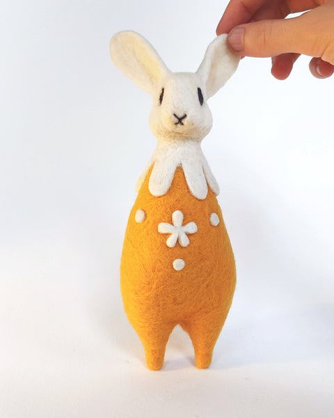 Needle Felted Art Doll: Yolk and White Flower Bunny [7 inches tall, 100%  Wool]