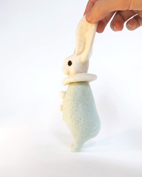 Needle Felted Art Doll: Whitecap Bunny Pierrot in Mint Green [7 inches tall, 100%  Wool]