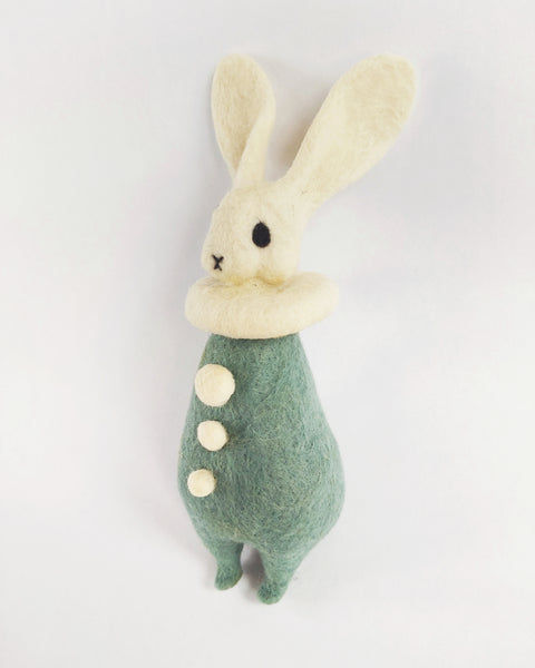 Needle Felted Art Doll: Whitecap Bunny Pierrot in Teal [7 3/4inches tall, 100%  Wool]