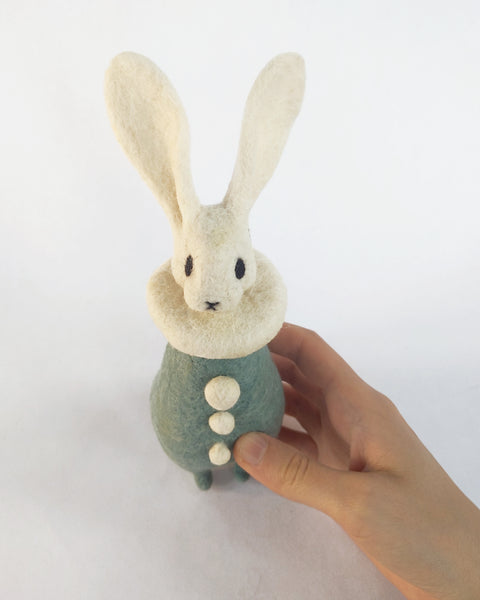 Needle Felted Art Doll: Whitecap Bunny Pierrot in Teal [7 3/4inches tall, 100%  Wool]