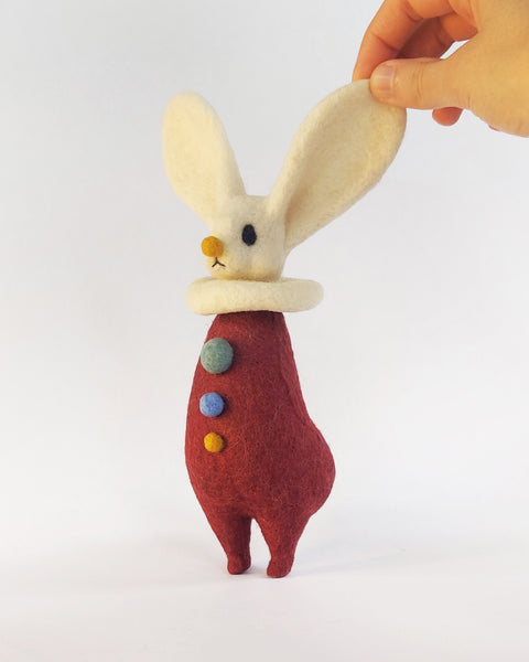 Needle Felted Art Doll: Whitecap Yellow-nosed Mulberry Bunny Pierrot [7.5 inches tall, 100%  Wool]