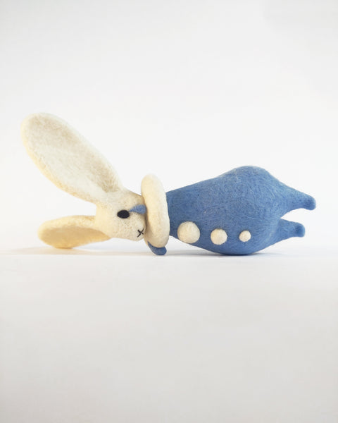 Needle Felted Art Doll: Crying Blue Bunny Pierrot [7.5 inches tall, 100%  Wool]