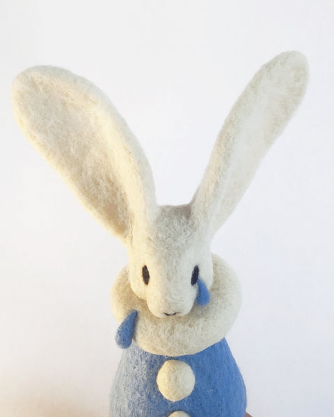 Needle Felted Art Doll: Crying Blue Bunny Pierrot [7.5 inches tall, 100%  Wool]