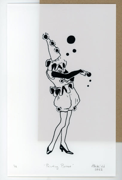 Varied Edition Screen Print: 'Pointing Pierrot' AK Kidd 2022 [7 x 11 inches, Black Ink on Translucent Yupo]