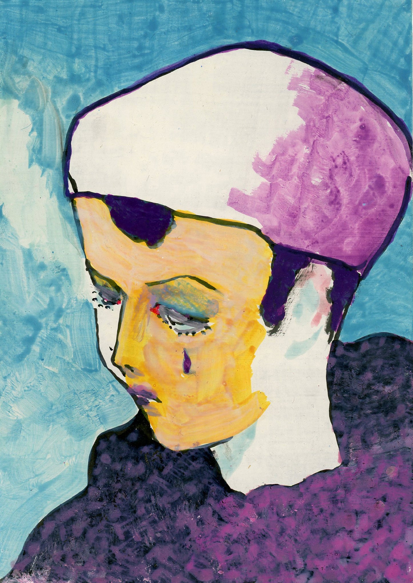 Painting #1: "Purple Tear on a Teal Day" 5"x7" Milk Paint on Museum Board