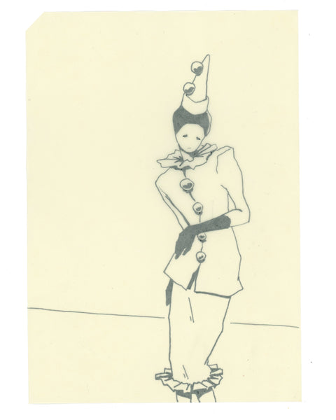 Drawing #134: "Pierrot with Hesitance" [Beeswaxed Midori A5 paper, edition of 3]