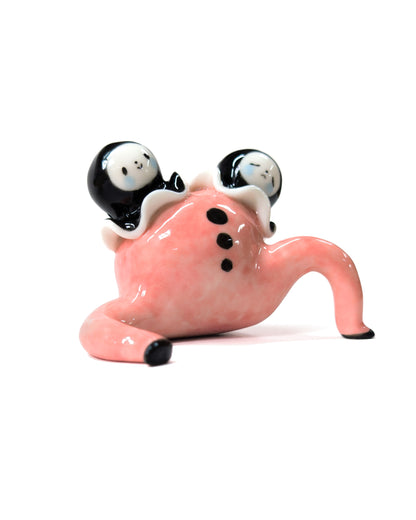 goatPIERROT Ceramic Art Toy [Two-Headed Pink Pierrot Tinybirdman, 2.25" tall]