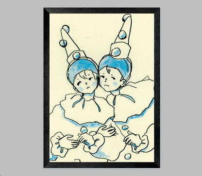 Cheek to Cheek in Blue Pierrots [Art Print on Choice of Poster or Fine Art Papers, Framed or Unframed, 5x7 or 11x17]