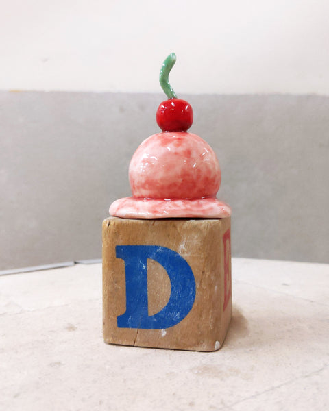 goatPIERROT Ceramic Art Toy [Tinybirdman 23.056: Solid Porcelain Ice Cream with a Cherry on Top, 2.5" tall]