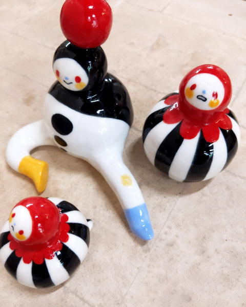 goatPIERROT Ceramic Art Toy [Birbauble 23.078: Circus Stripe, Aghast,  3" tall]