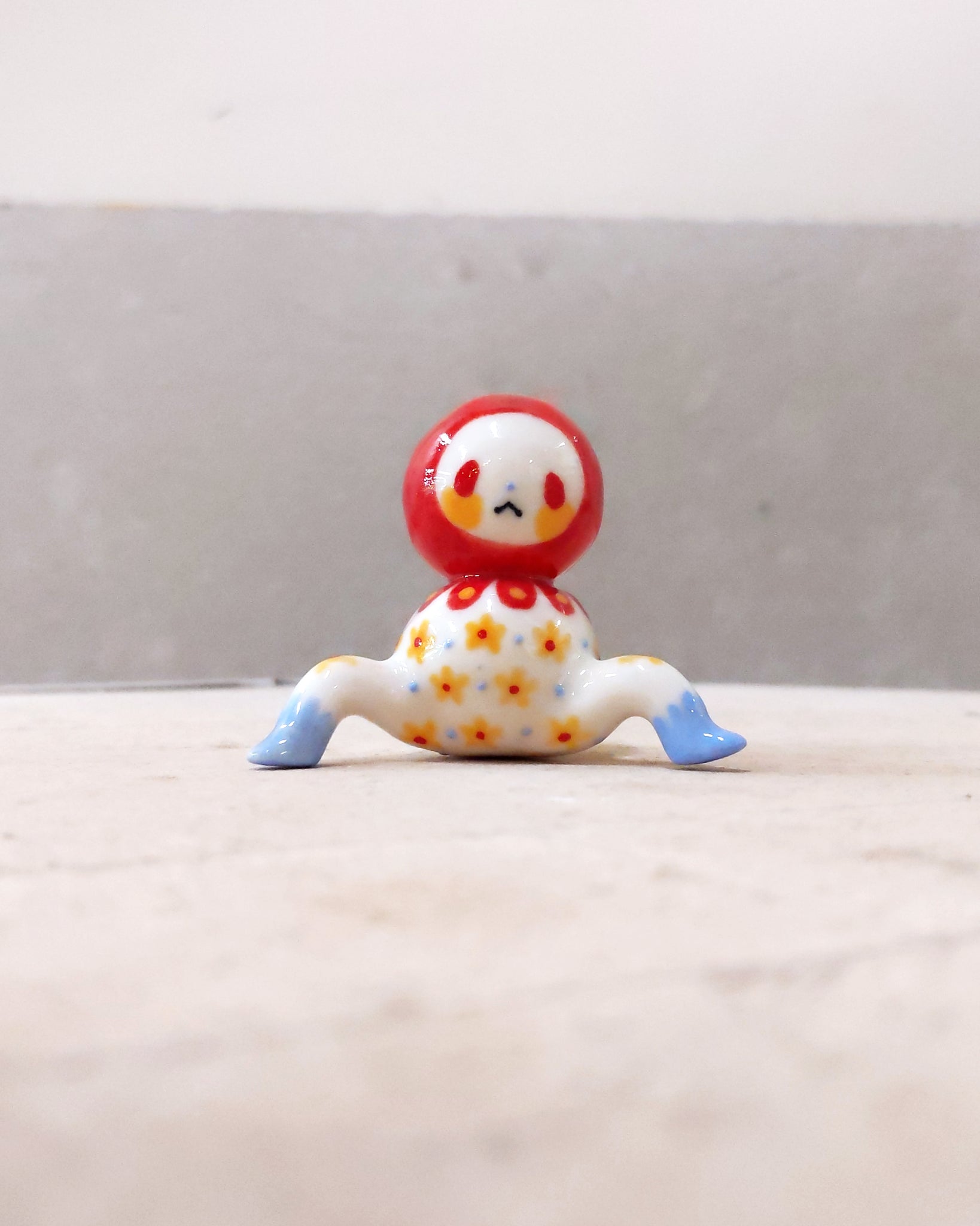 goatPIERROT Ceramic Art Toy [Tinybirdman 23.064:  Bobblenoggin in Red Floral, 1.75" tall]