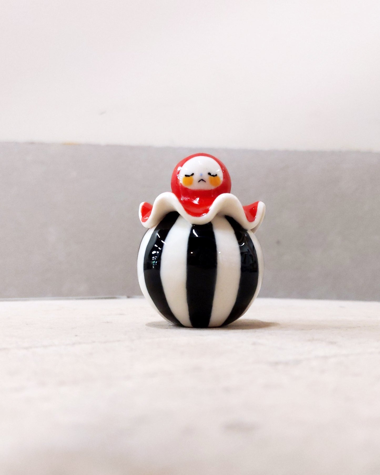 goatPIERROT Ceramic Art Toy [Birbauble BB23.083: Circus Stripe Ruffle Pierrot, Eyes Closed, 1.5" tall]