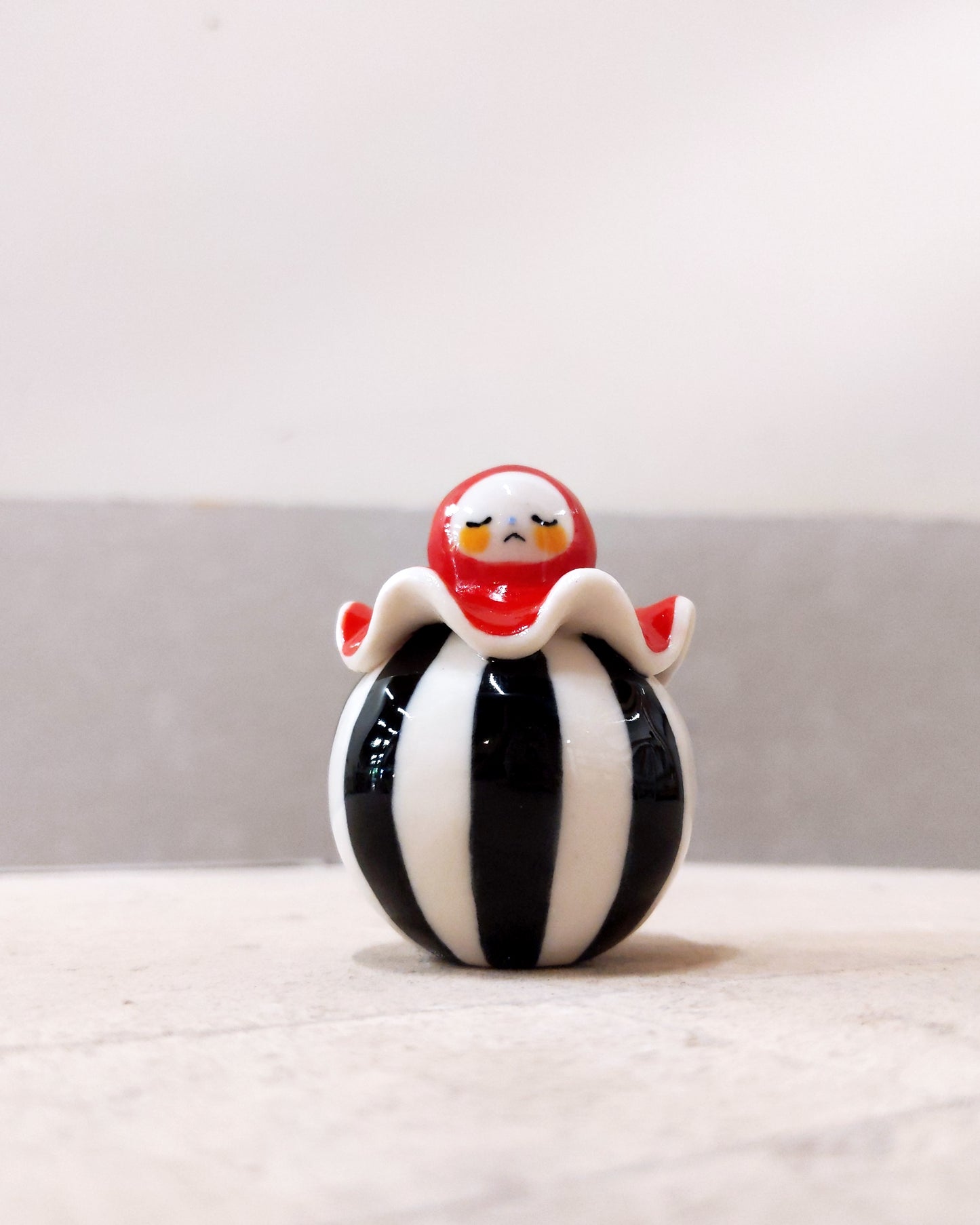 goatPIERROT Ceramic Art Toy [Birbauble BB23.083: Circus Stripe Ruffle Pierrot, Eyes Closed, 1.5" tall]