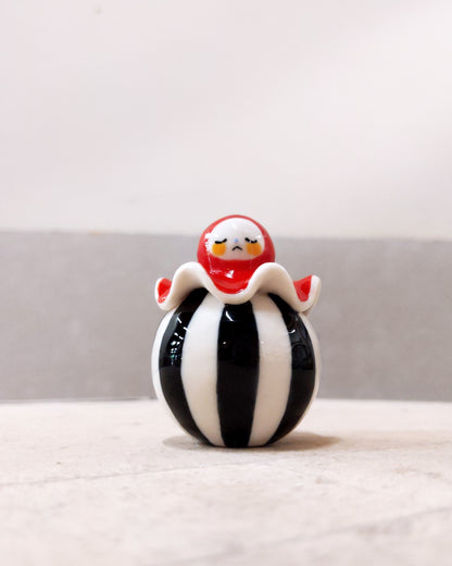 goatPIERROT Ceramic Art Toy [Birbauble BB23.083: Circus Stripe Ruffle Pierrot, Eyes Closed, 1.5" tall]