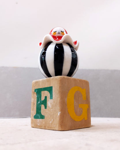 goatPIERROT Ceramic Art Toy [Birbauble BB23.083: Circus Stripe Ruffle Pierrot, Eyes Closed, 1.5" tall]