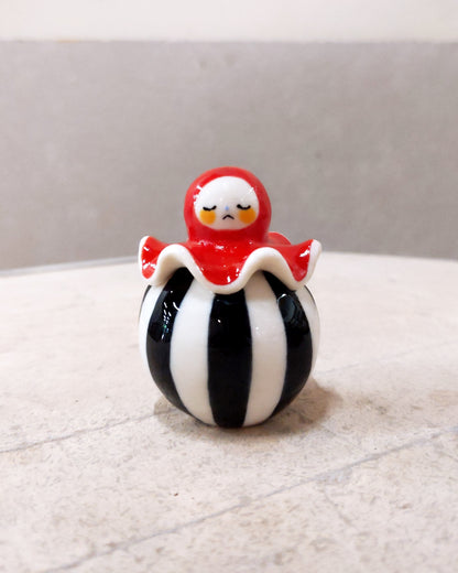 goatPIERROT Ceramic Art Toy [Birbauble BB23.083: Circus Stripe Ruffle Pierrot, Eyes Closed, 1.5" tall]