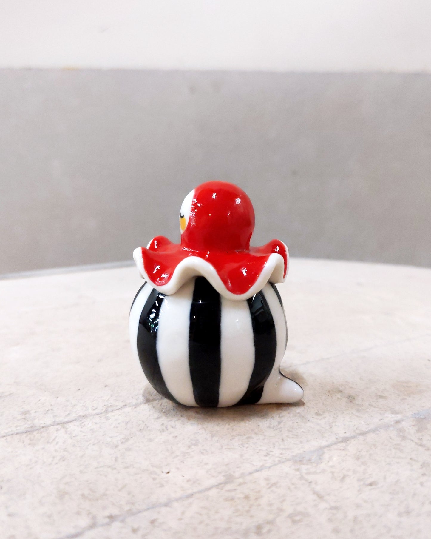 goatPIERROT Ceramic Art Toy [Birbauble BB23.083: Circus Stripe Ruffle Pierrot, Eyes Closed, 1.5" tall]