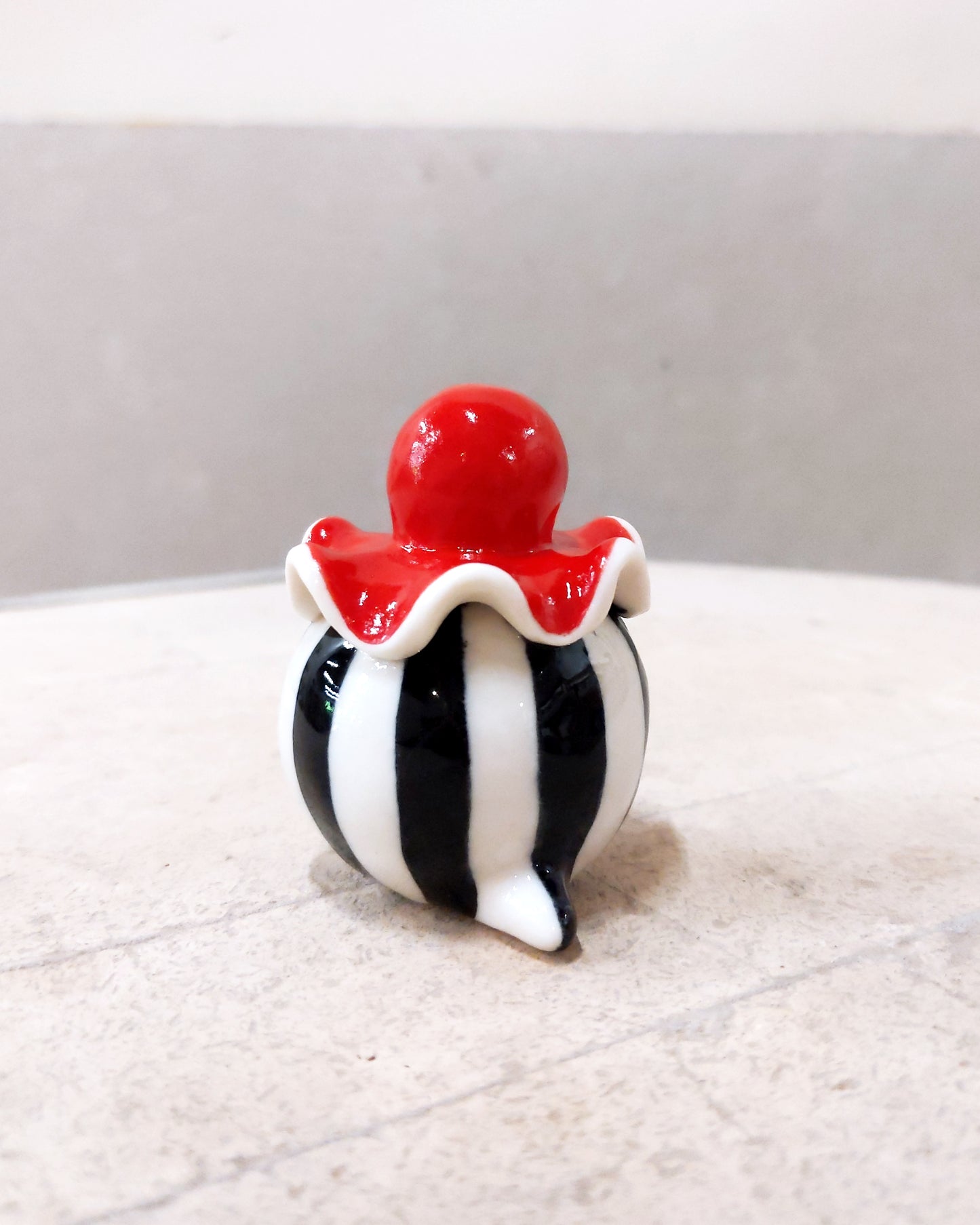 goatPIERROT Ceramic Art Toy [Birbauble BB23.083: Circus Stripe Ruffle Pierrot, Eyes Closed, 1.5" tall]