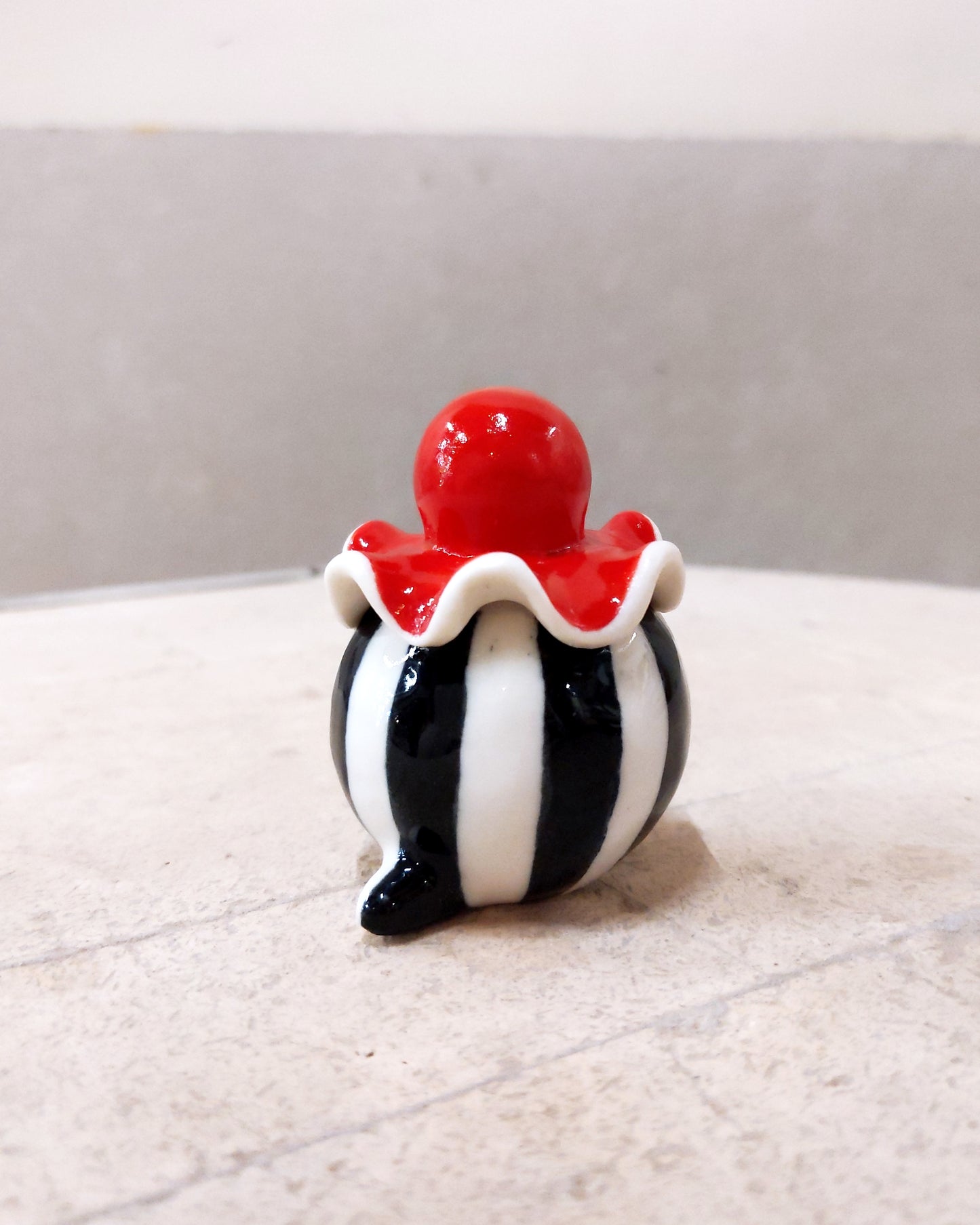 goatPIERROT Ceramic Art Toy [Birbauble BB23.083: Circus Stripe Ruffle Pierrot, Eyes Closed, 1.5" tall]