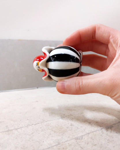 goatPIERROT Ceramic Art Toy [Birbauble BB23.083: Circus Stripe Ruffle Pierrot, Eyes Closed, 1.5" tall]