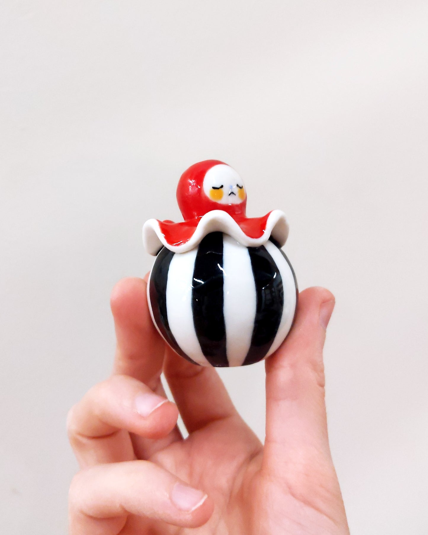 goatPIERROT Ceramic Art Toy [Birbauble BB23.083: Circus Stripe Ruffle Pierrot, Eyes Closed, 1.5" tall]