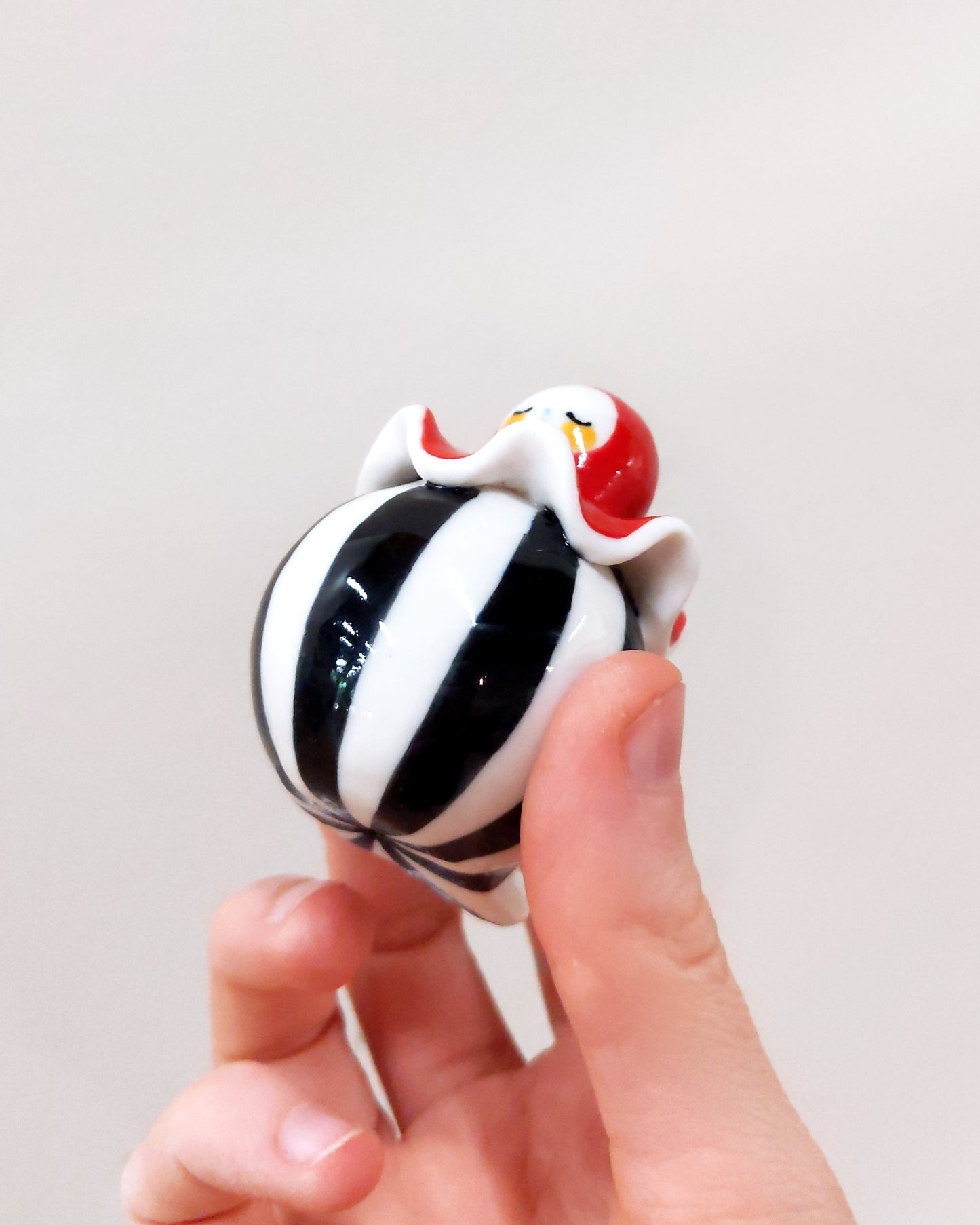 goatPIERROT Ceramic Art Toy [Birbauble BB23.083: Circus Stripe Ruffle Pierrot, Eyes Closed, 1.5" tall]