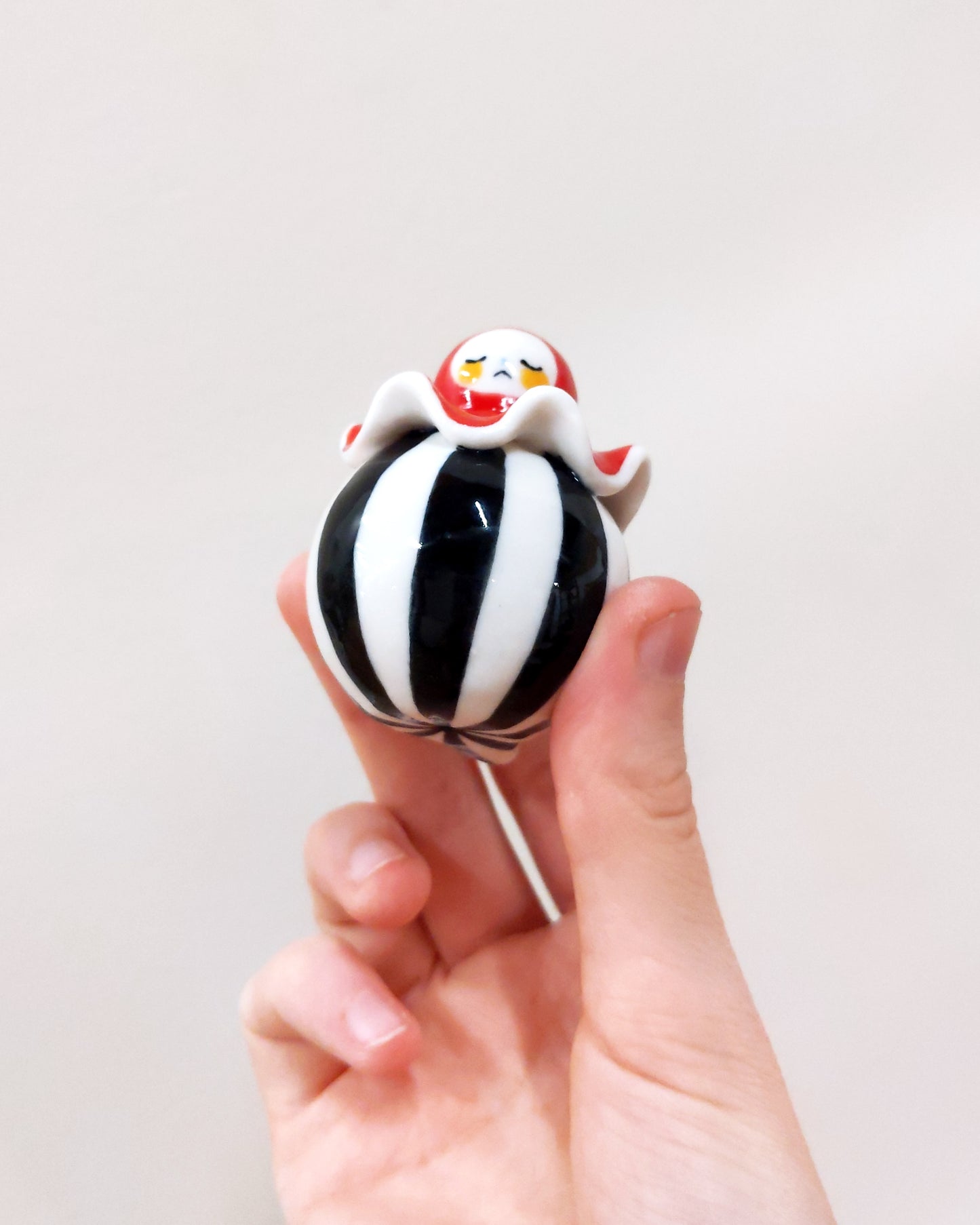 goatPIERROT Ceramic Art Toy [Birbauble BB23.083: Circus Stripe Ruffle Pierrot, Eyes Closed, 1.5" tall]