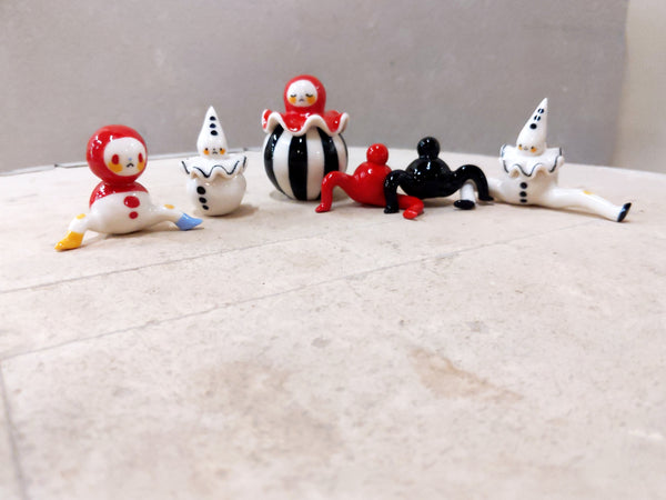 goatPIERROT Ceramic Art Toy [Birbauble BB23.083: Circus Stripe Ruffle Pierrot, Eyes Closed, 1.5" tall]