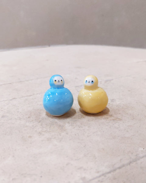 goatPIERROT Ceramic Art Toy [BB23.086 + BB23.087: Glaze Experiment Duo in Blue and Yellow, 1.1 inches tall]