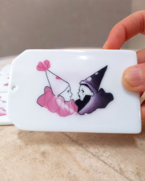 Porcelain Decal Tag Tile [Black and Pink Pierrots in Love, ribbon included]