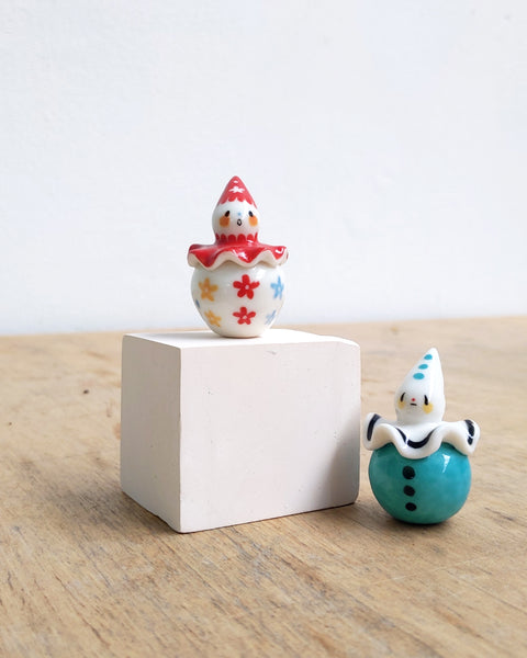 goatPIERROT Ceramic Art Toy [BB24.045: Pierrot Birbauble with Red Cap and Flowers]