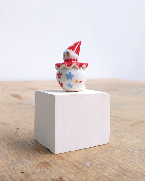 goatPIERROT Ceramic Art Toy [BB24.045: Pierrot Birbauble with Red Cap and Flowers]