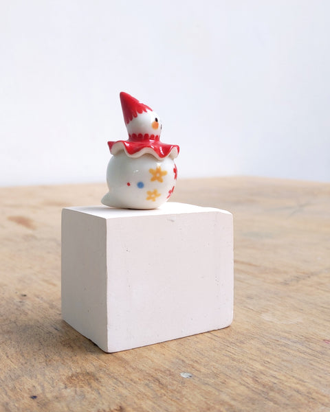 goatPIERROT Ceramic Art Toy [BB24.045: Pierrot Birbauble with Red Cap and Flowers]