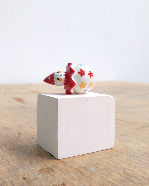 goatPIERROT Ceramic Art Toy [BB24.045: Pierrot Birbauble with Red Cap and Flowers]