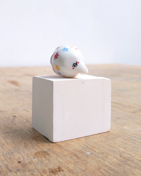 goatPIERROT Ceramic Art Toy [BB24.045: Pierrot Birbauble with Red Cap and Flowers]