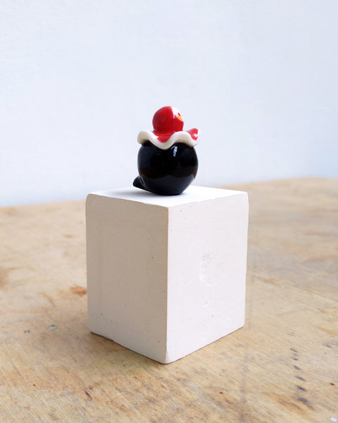 goatPIERROT Ceramic Art Toy [BB24.032: Pierrot Birbauble with Red Hood, Black Body]