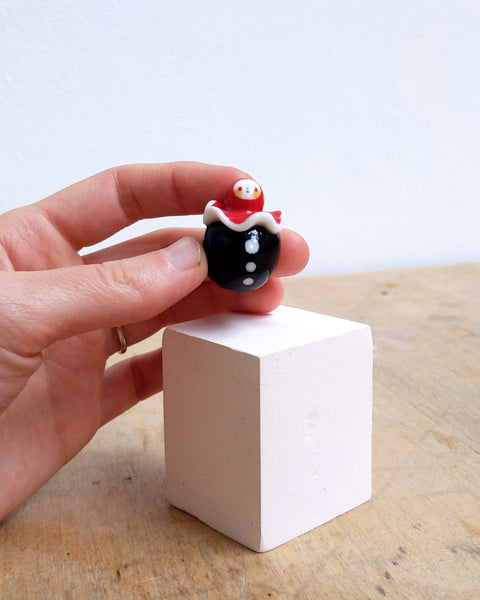 goatPIERROT Ceramic Art Toy [BB24.032: Pierrot Birbauble with Red Hood, Black Body]