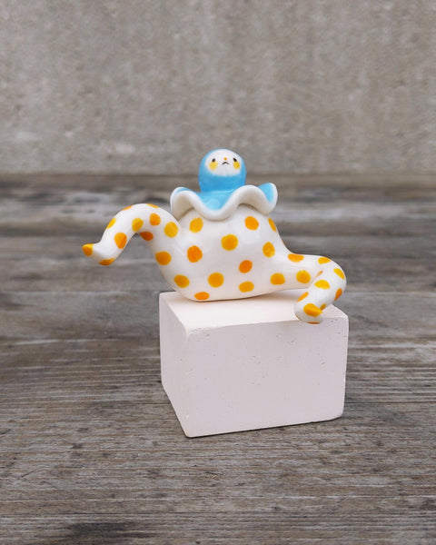 goatPIERROT Ceramic Art Toy [24.052: Polka Pajama Pierrot in Blue and Citrus]