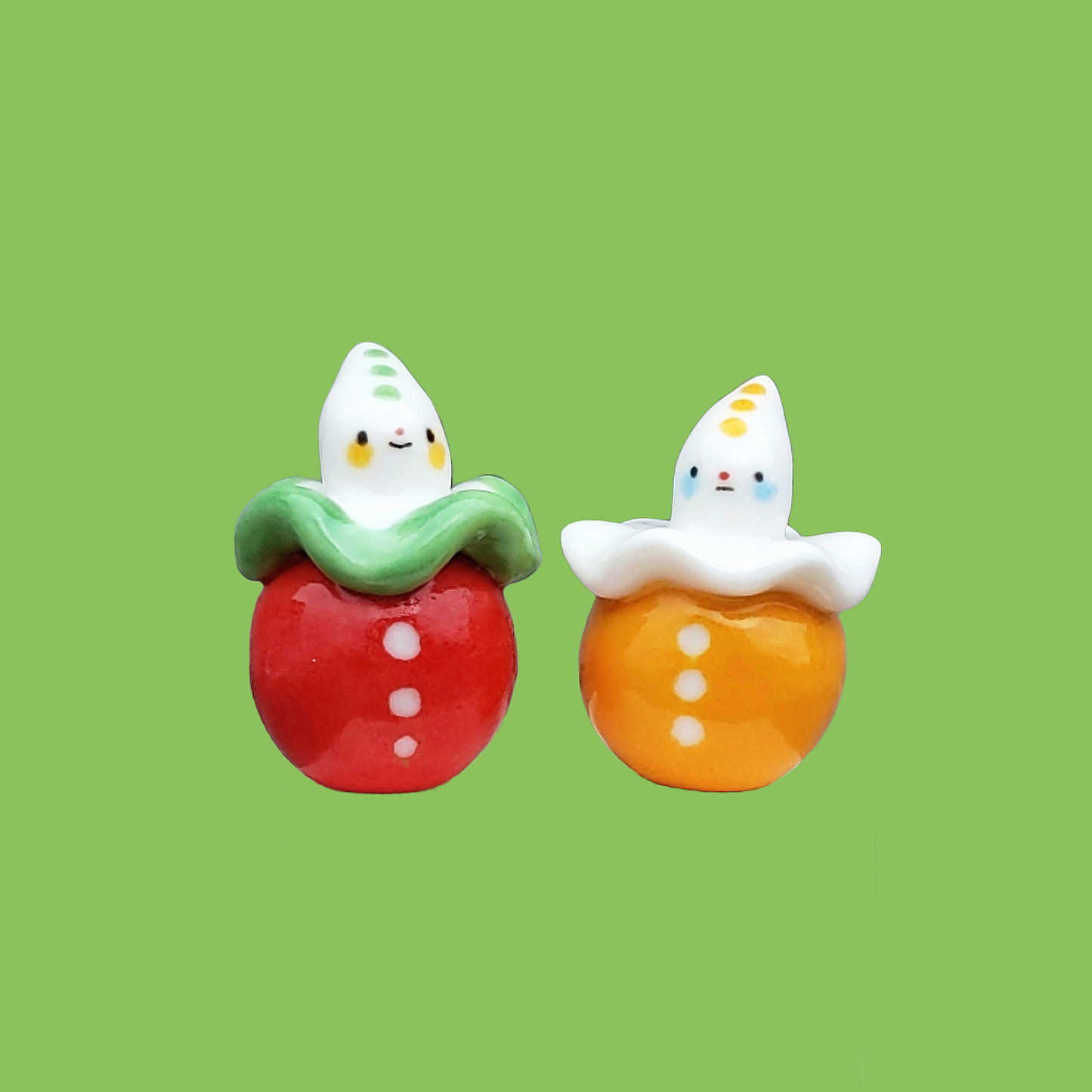 goatPIERROT Ceramic Art Toy [25.024 + 25.025: Tomato and Egg Pierrot Birbauble Duo]