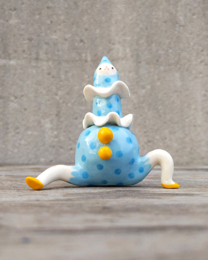 goatPIERROT Ceramic Art Toy [25.034: Big Blue Boyo with the Bright Bright Buttons, just under 4"]